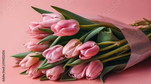 Bouquet of tulips on pink background, Mother's Day, Spring, Generative AI, Generative, AI