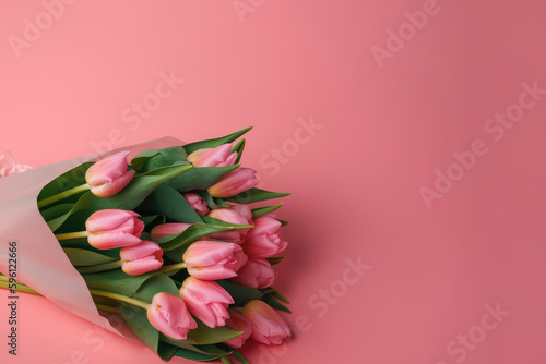 Bouquet of tulips on pink background, Mother's Day, Spring, Card, Writing room,, Generative AI, Generative, AI