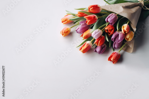 Bouquet of colorful tulips on white background, Mother's Day, Spring, Card, Writing room, Generative AI, Generative, AI