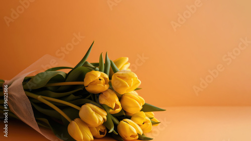 Bouquet of tulips on yellow background, Mother's Day, Spring, Card, Writing room, Generative AI, Generative, AI