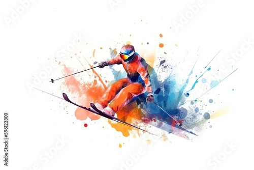Watercolor digital art of man skiing over white background. Generative AI