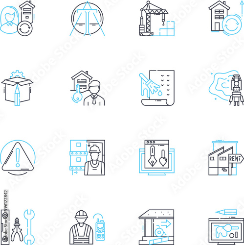 Home for sale linear icons set. Cozy, Spacious, Modern, Charming, Affordable, Elegant, Stylish line vector and concept signs. Bright,Luxurious,Serene outline illustrations