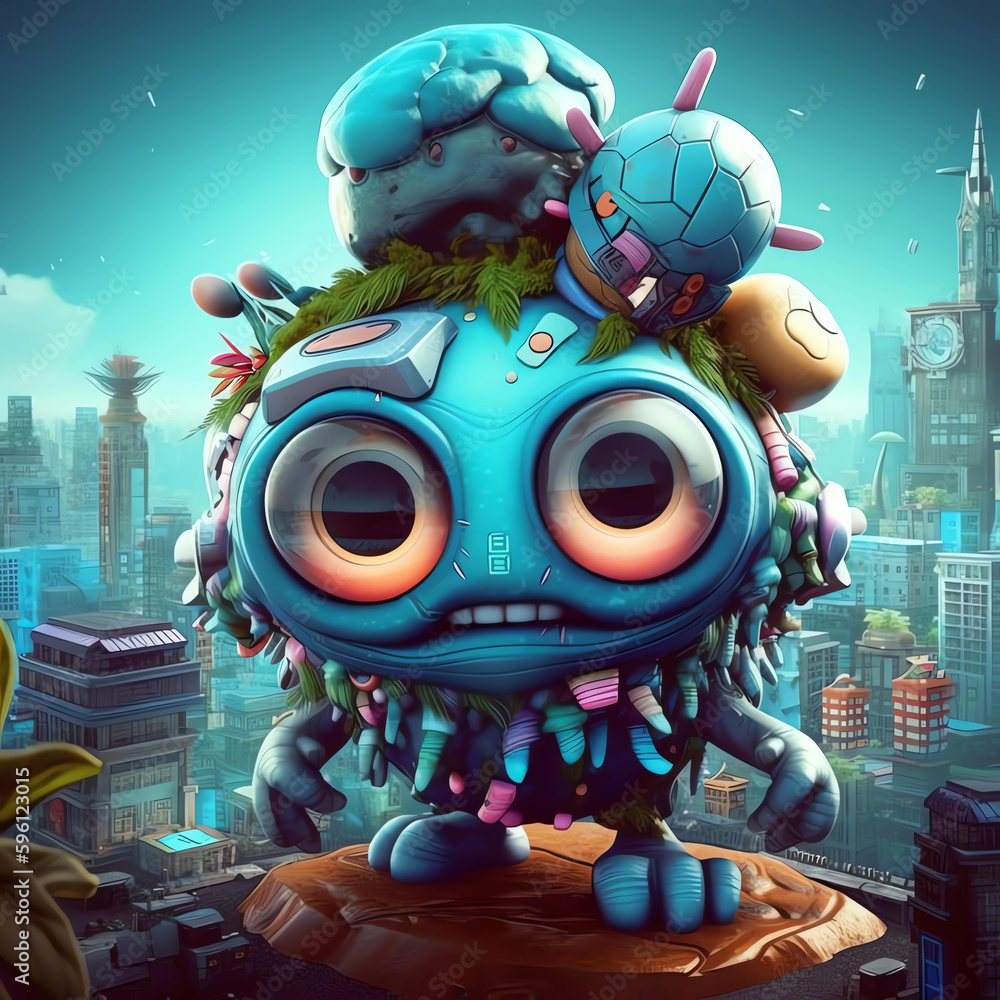 3D Render Monster mushrooms cyberpunk style with background city wallpaper 3D Render Monster mushrooms cyberpunk style with background city wallpaper