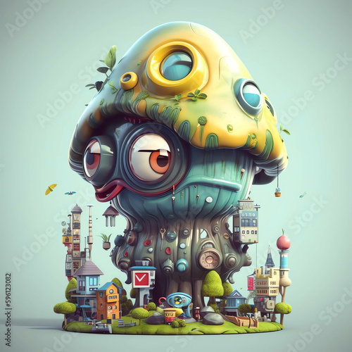 3D Render Monster mushrooms cyberpunk style with background city wallpaper