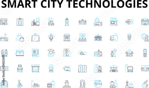 Smart city technologies linear icons set. IoT, Sustainability, Automation, Innovation, Digitalization, Connectivity, Mobility vector symbols and line concept signs. Energy,Security,Efficiency