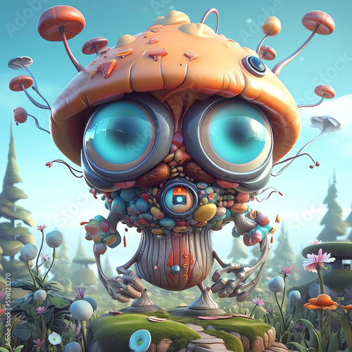 3D Render Monster mushrooms cyberpunk style with background city wallpaper © arlila