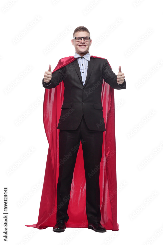 in full growth. young businessman in a superhero Cape. in full growth. young businessman in a superhero Cape.