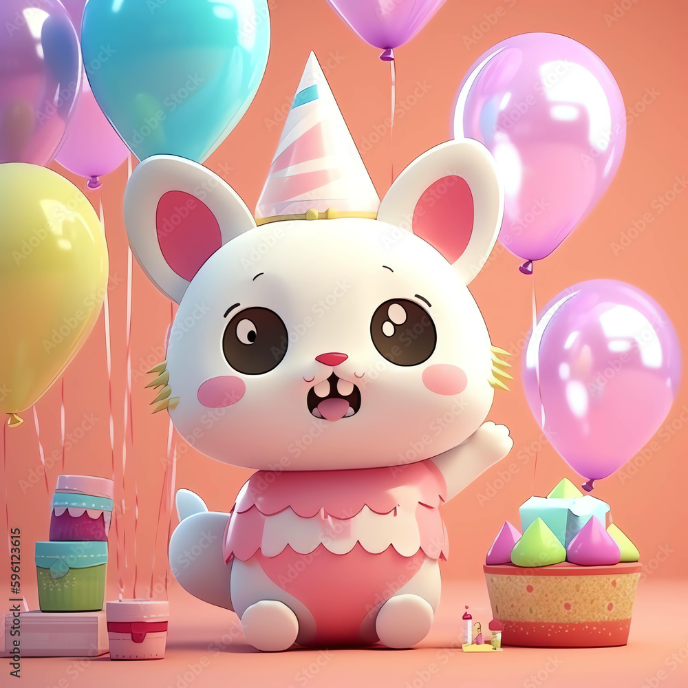 Obraz premium happy birthday adorable and cute colorful 3D cat character design illustration and wallpaper background