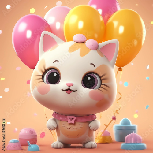 happy birthday adorable and cute colorful 3D cat character design illustration and wallpaper background