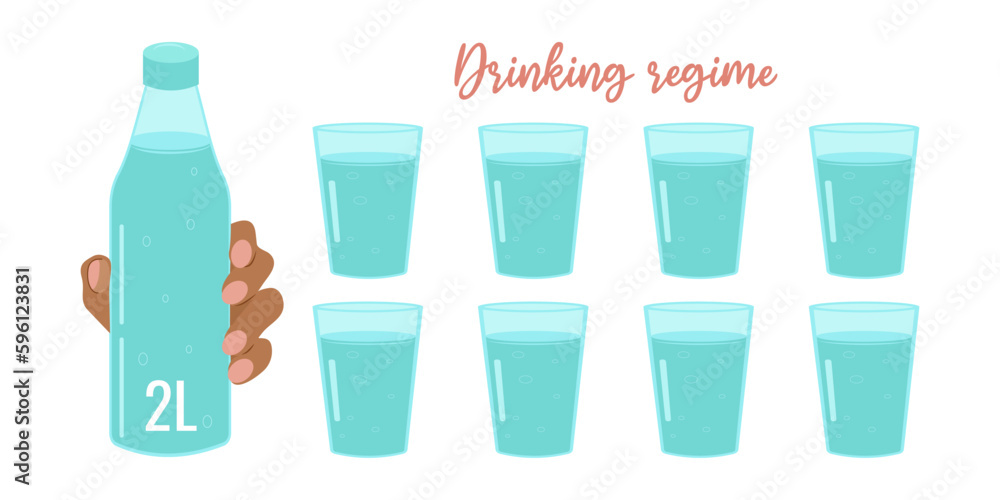 Drink more water. Lifestyle and health concept. Bottle and glasses with water isolated on a white background. Poster template, poster. Vector flat illustration. Drink more water. Lifestyle and health concept. Bottle and glasses with water isolated on a white background. Poster template, poster. Vector flat illustration.