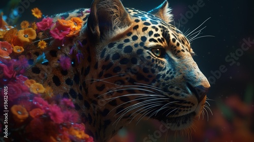 majestic leopard with colorful flower  digital art illustration  Generative AI