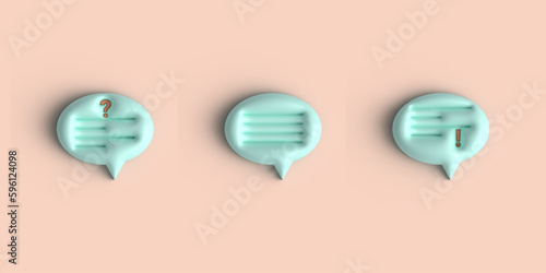 Set of three bubble speech 3d icons. Isolated on a light pink background. Different shape for any design. A figure with a message. 3D Rendering.