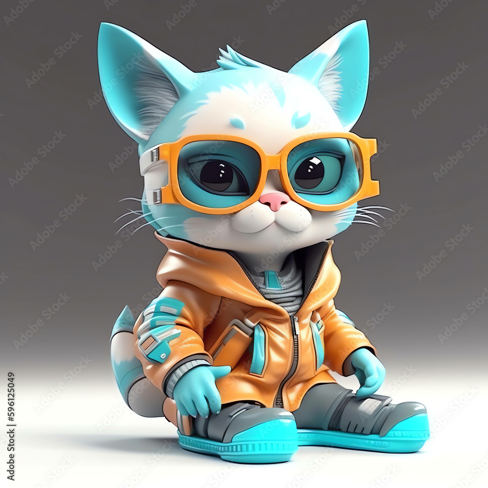 Techno-Fashion Cyberpunk cat Character in 3D Design with Trendy Earphones, Sweaters, and Cyber City Setting generative ai