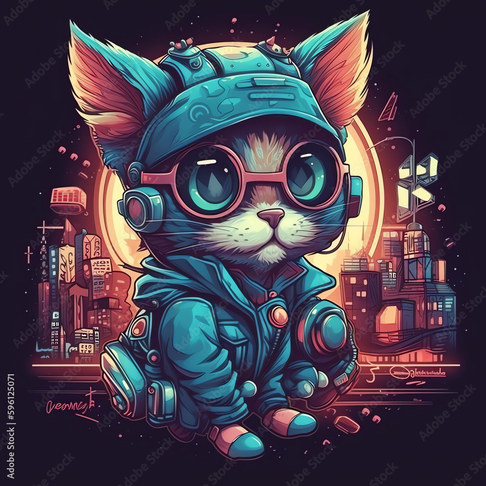 Techno-Fashion Cyberpunk cat Character in 3D Design with Trendy Earphones, Sweaters, and Cyber City Setting generative ai