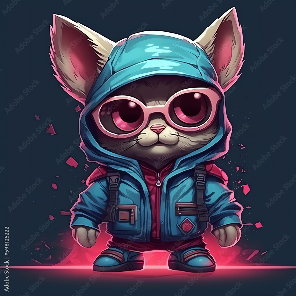 Neo Tokyo Style: Cyberpunk Cat Character in 3D Design with Trendy Earphones, Sweaters, and Cyber City Background generative ai