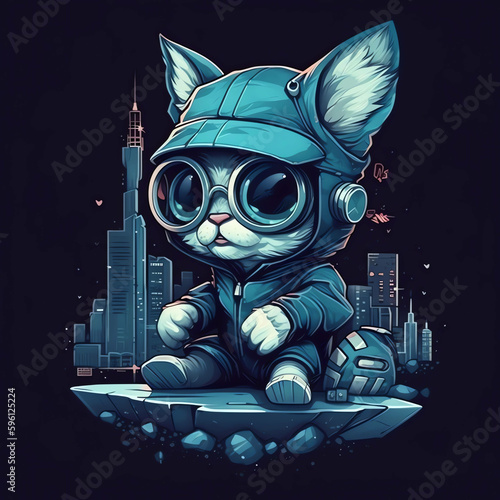 Neo Tokyo Style: Cyberpunk Cat Character in 3D Design with Trendy Earphones, Sweaters, and Cyber City Background generative ai