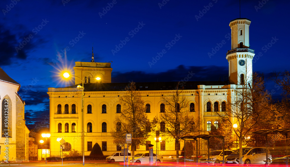 Night view of town hall in Mlada Boleslav, Czech Republic