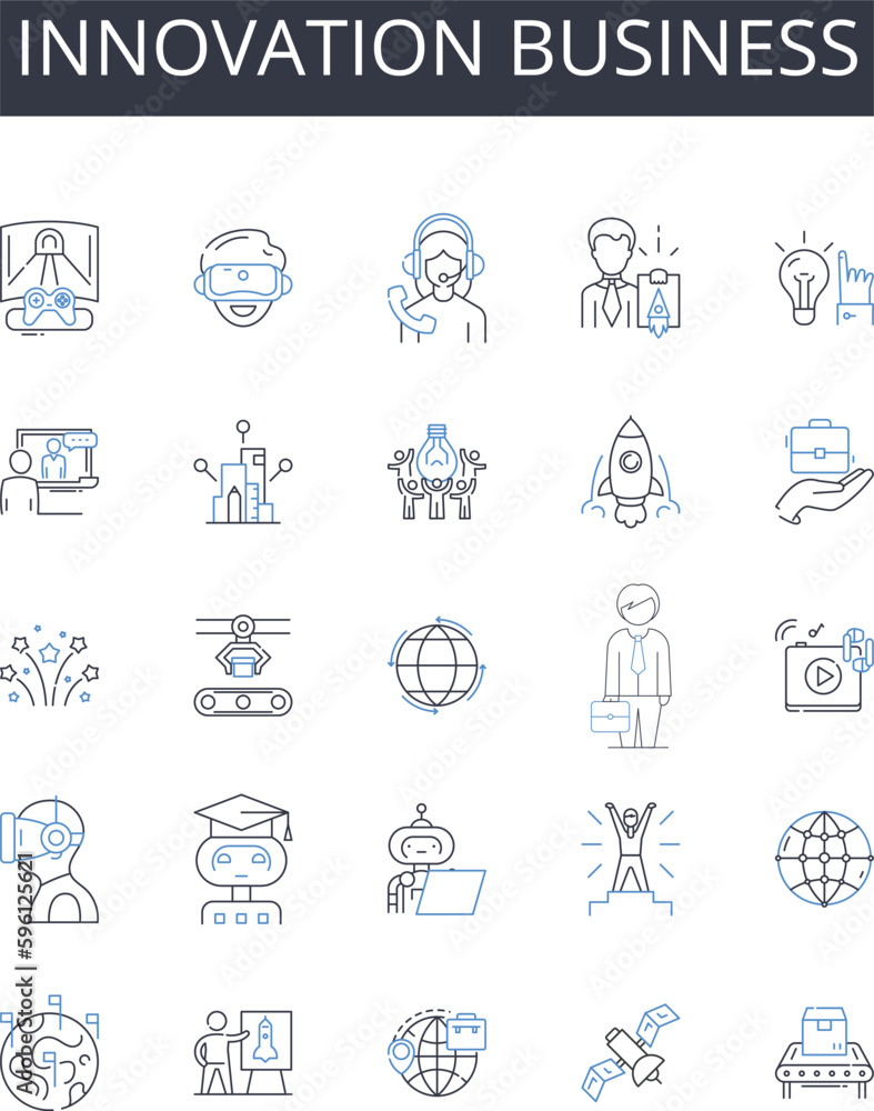 Innovation business line icons collection. Creativity design, Progression improvement, Ingenuity technology, Advancement development, Evolution transformation, Novelty strategies, Originality