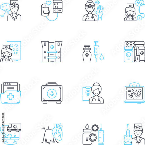 Infirmary linear icons set. illness, injury, care, nursing, medicine, ward, emergency line vector and concept signs. clinic,doctor,patient outline illustrations