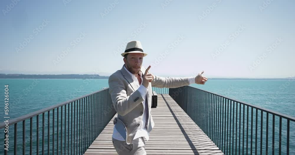 Happiness Lifestyle Portrait of Happy Male Person Enjoying Relaxing and Peaceful Life Looking at Lake Panorama View in Sunny Weather Happiness Lifestyle Portrait of Happy Male Person Enjoying Relaxing and Peaceful Life Looking at Lake Panorama View in Sunny Weather