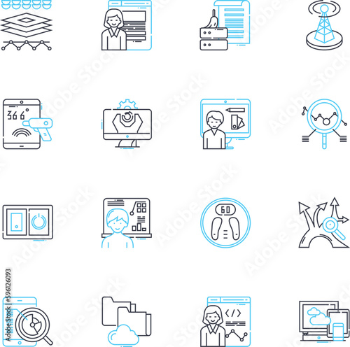 Record maintenance linear icons set. Preservation, Archiving, Filing, Organization, Updating, Cataloging, Tracking line vector and concept signs. Storage,Accessing,Managing outline illustrations