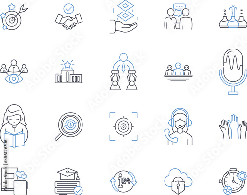 Group studying line icons collection. ollaboration, Education, Communication, Connection, Brainstorming, Focus, Support vector and linear illustration. Teamwork, Learning, Motivation outline signs set