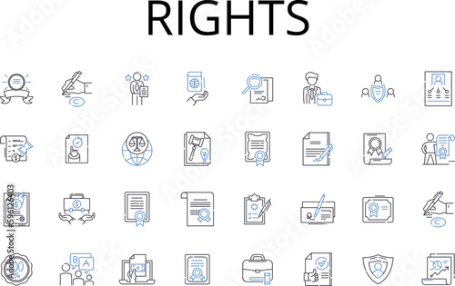 Rights line icons collection. Freedoms, Liberties, Entitlements, Privileges, Claims, Authorities, Autonomy vector and linear illustration. Permission,Empowerment,Advantages outline signs set