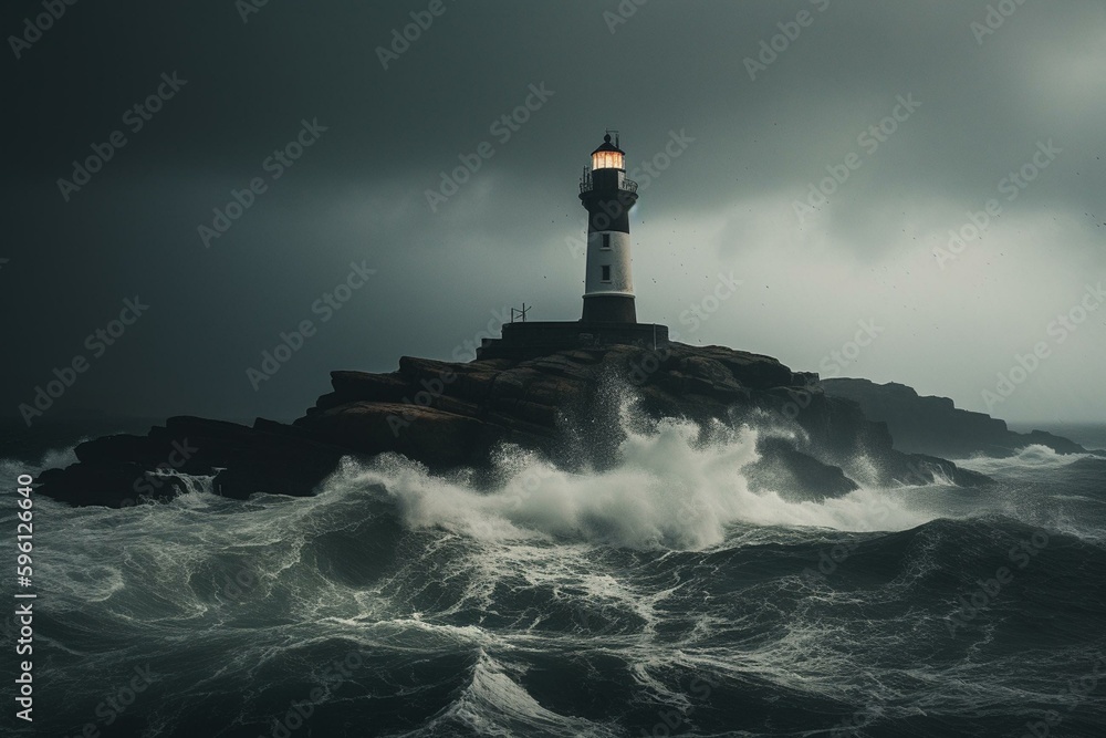 Lighthouse in stormy weather, lightning, dark sky, rocks, and water. Generative AI