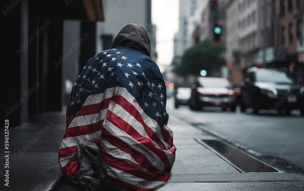 Obraz premium Homeless faceless man begging on sidewalk in the city covered in American flag created with Generative AI technology