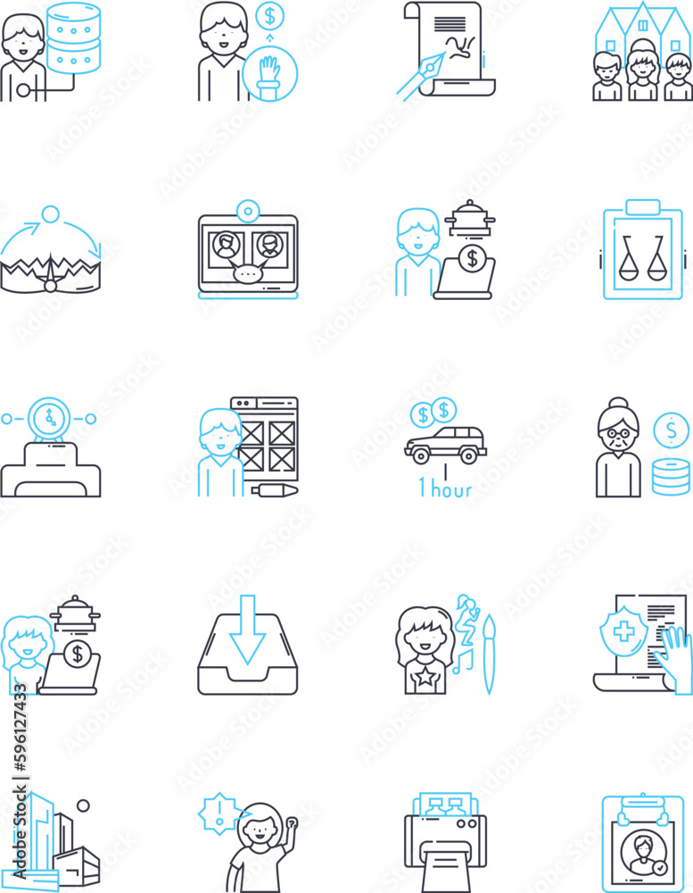 Crew member linear icons set. Dutiful, Dedicated, Reliable, Skilled, Resourceful, Experienced, Alert line vector and concept signs. Trusrthy,Organized,Punctual outline illustrations