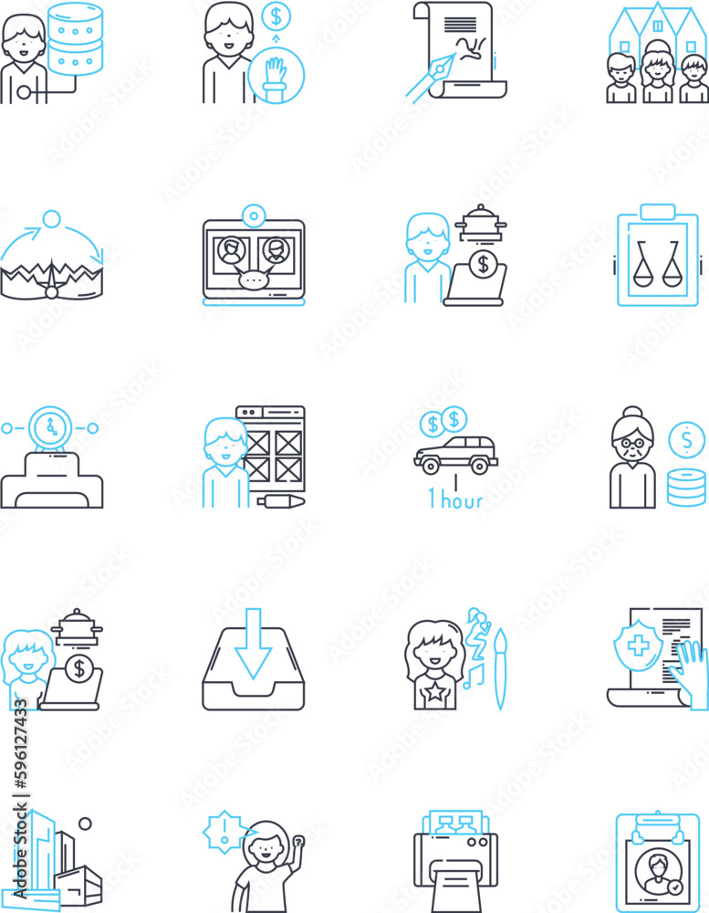 Crew member linear icons set. Dutiful, Dedicated, Reliable, Skilled, Resourceful, Experienced, Alert line vector and concept signs. Trusrthy,Organized,Punctual outline illustrations Crew member linear icons set. Dutiful, Dedicated, Reliable, Skilled, Resourceful, Experienced, Alert line vector and concept signs. Trusrthy,Organized,Punctual outline illustrations