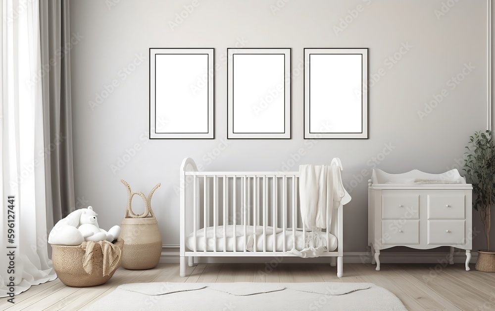 White nursery room with three blank frames mockup on the wall created with Generative AI technology White nursery room with three blank frames mockup on the wall created with Generative AI technology