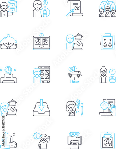 Crew member linear icons set. Dutiful, Dedicated, Reliable, Skilled, Resourceful, Experienced, Alert line vector and concept signs. Trusrthy,Organized,Punctual outline illustrations