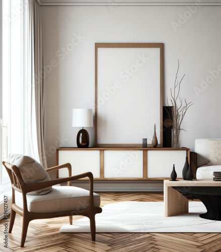 Clean and Contemporary  A 3D Render of a Minimalist Living Room with Scandinavian Influences With Frame Mockup. generative ai