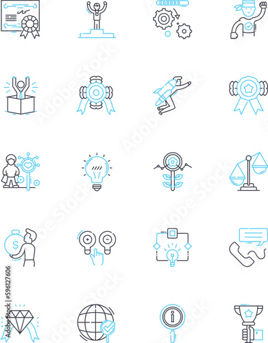 Goal setting linear icons set. aspiration, ambition, objectives, targets, focus, determination, perseverance line vector and concept signs. drive,resolve,purpose outline illustrations