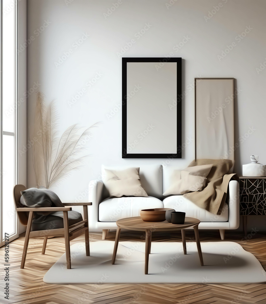 Minimalist and Modern Interior Living Room with Mockup frame and soft sofa color, generative ai