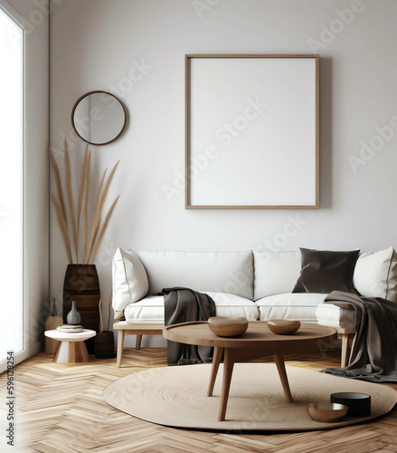 Minimalist and Modern Interior Living Room with Mockup frame and soft sofa color, generative ai