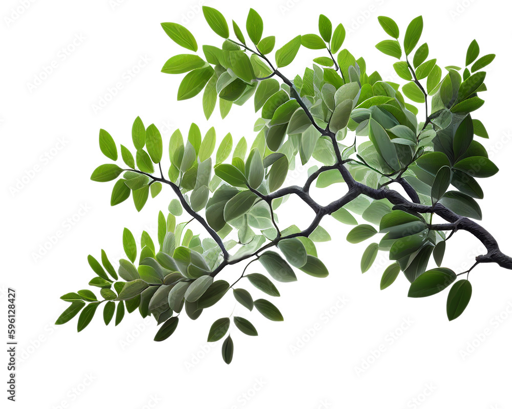 Tree branch with copy space and leaves isolated on clear background for object and retouch design. Generative AI