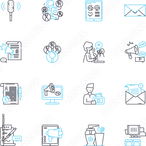 Corporate branding linear icons set. Identity, Logo, Reputation, Recognition, Influencer, Messaging, Strategy line vector and concept signs. Image,Perception,Values outline illustrations