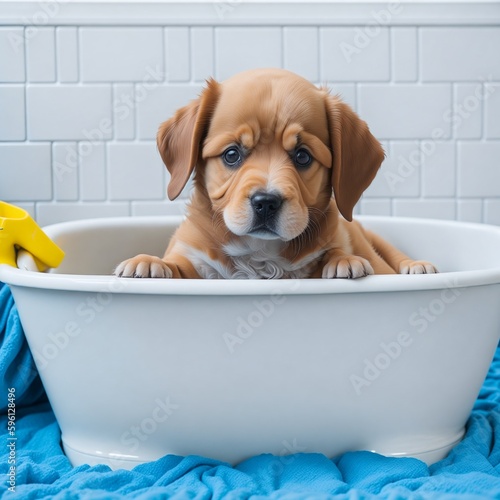 Cute puppy in a bowl..Pets cleaning © Milos