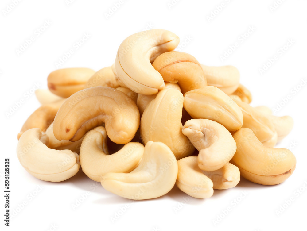 A pile of cashew nuts on a white background A pile of cashew nuts on a white background