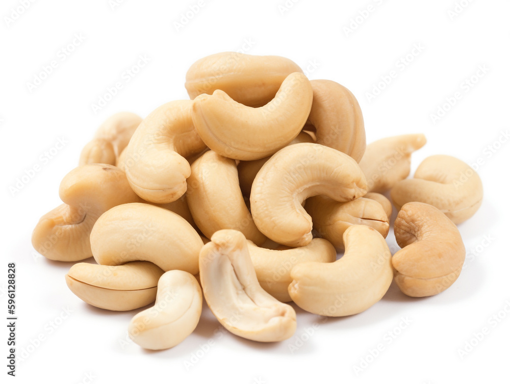 A pile of cashew nuts on a white background A pile of cashew nuts on a white background