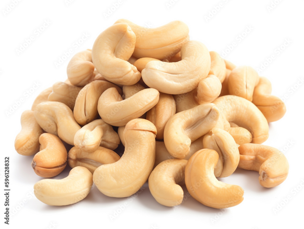 A pile of cashew nuts on a white background A pile of cashew nuts on a white background