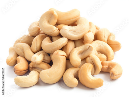 A pile of cashew nuts on a white background