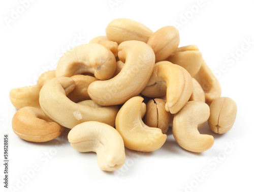 A pile of cashew nuts on a white background