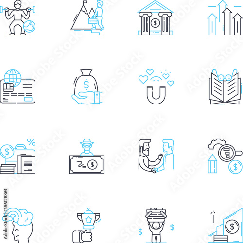Financial metrics linear icons set. Revenue, Profitability, Liquidity, Cash flow, Debt, Assets, Liabilities line vector and concept signs. Equity,Return,ROI (Return on Investment) outline