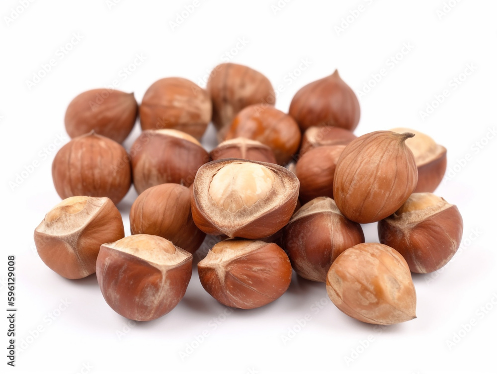 A pile of hazelnuts on a white background A pile of hazelnuts on a white background