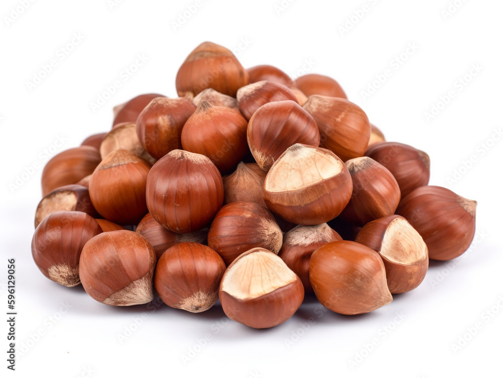 A pile of hazelnuts on a white background A pile of hazelnuts on a white background