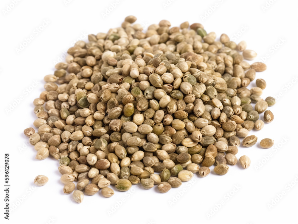 A pile of hemp seeds on a white background A pile of hemp seeds on a white background