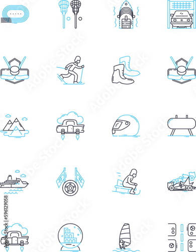 Amusement pastime linear icons set. Thrills, Fun, Entertainment, Joy, Games, Playtime, Laughter line vector and concept signs. Bliss,Escapism,Leisure outline illustrations